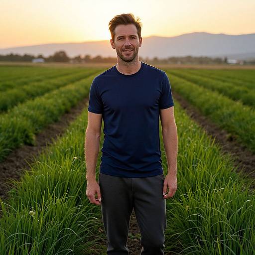 Photograph of a smiling, fit man with short brown hair, wearing a navy t-shirt and gray pants, standing in a lush, green field at