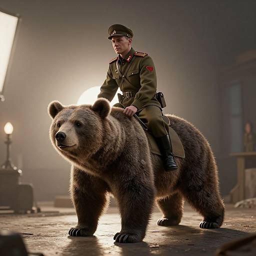 Photorealistic image of a young man in WWII German military uniform riding a large brown bear in a dimly lit, industrial warehouse. Bright studio lights