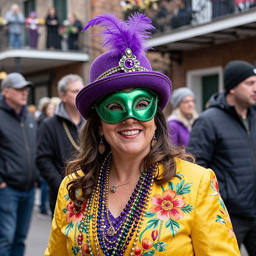 Photograph of a smiling woman in a vibrant Mardi Gras outfit: yellow floral jacket, green masquerade mask, purple hat with purple feather