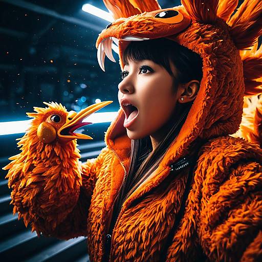 Woman in Orange Monster Chicken Costume with Puppet