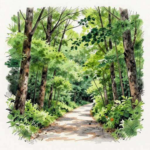 Digital watercolor painting of a sunlit forest path, lined with tall, brown-trunked trees and lush, green foliage, creating a serene,