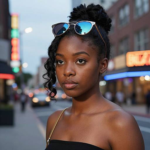 Photograph of a beautiful Black woman with dark skin, curly hair in a bun, wearing blue reflective sunglasses and a black strap top, standing on a