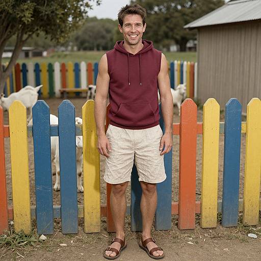 Relaxed Man with Playful Goats