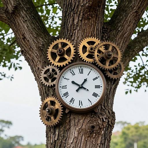 Clock with brass gears mounted on a textured tree trunk, surrounded by green leaves, in a photograph.