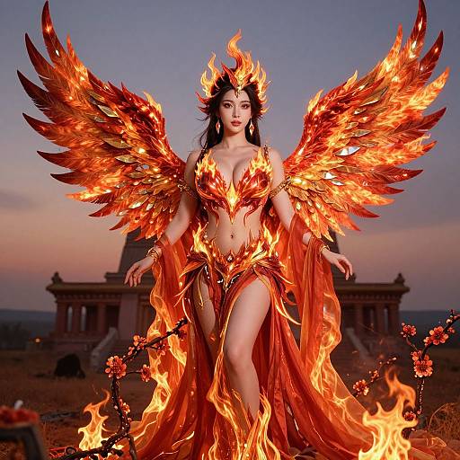 Digital artwork of a fiery-winged woman in a glowing, flame-adorned outfit, standing in a burning field at sunset, with a distant temple