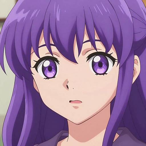Digital anime-style drawing of a young girl with vivid purple hair and matching large, expressive purple eyes, looking forward with a neutral expression.