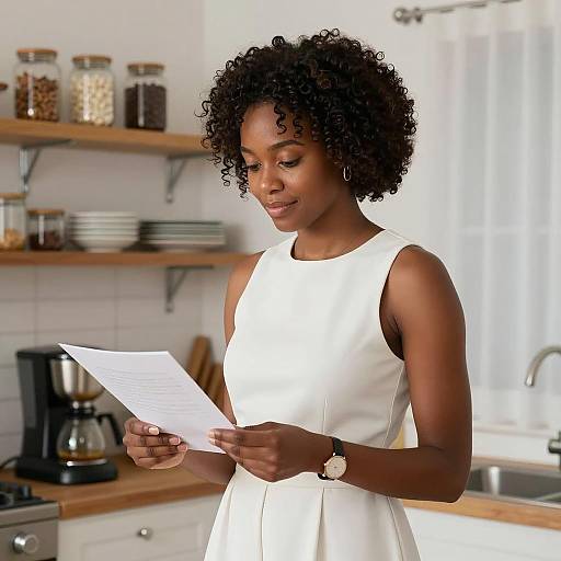 Black Woman Reading Paper in Kitchen