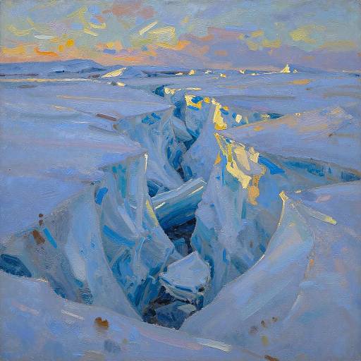 Impressionist-style painting of a vibrant, icy landscape with jagged ice formations, illuminated by golden sunlight, under a colorful, orange-pink sky