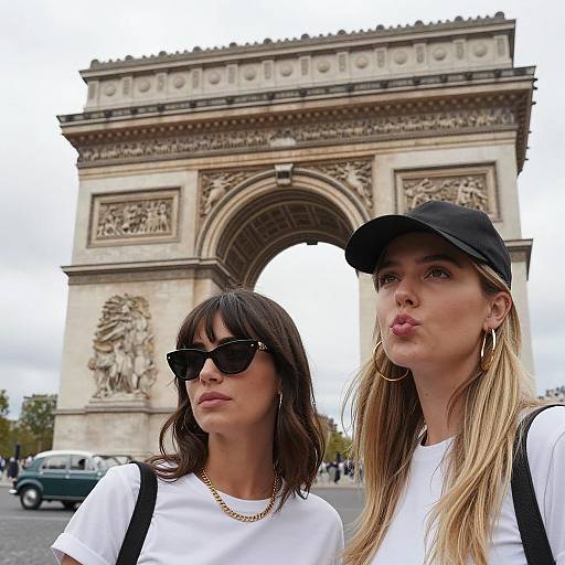 Two women posing near Arc de Triomphe