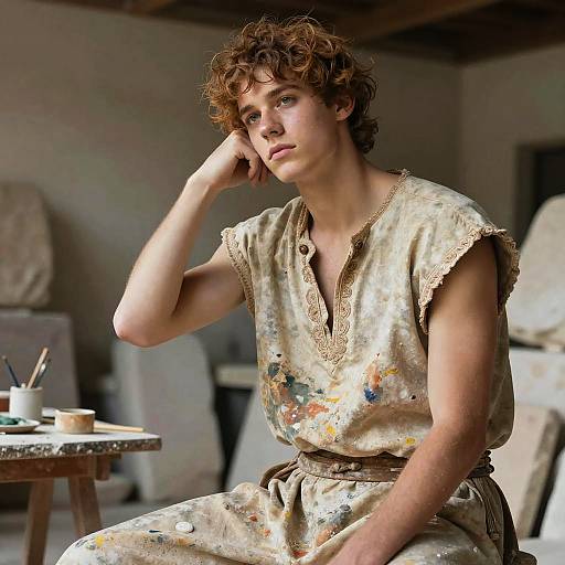 Thoughtful Youth Sculptor in Traditional Greek Attire
