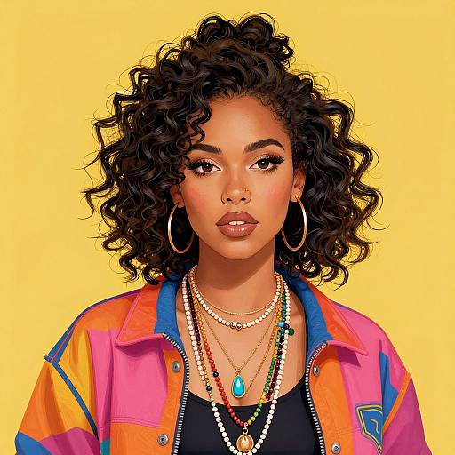 Digital portrait of a confident Black woman with curly hair, wearing a colorful jacket, hoop earrings, and layered necklaces, against a yellow background.