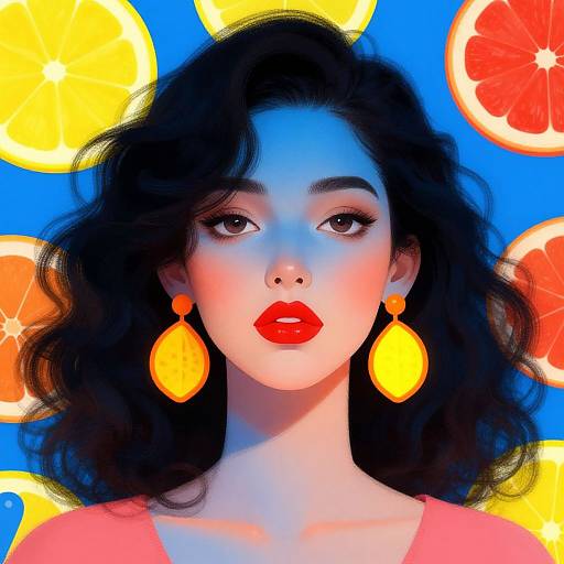Digital illustration of a fair-skinned woman with black wavy hair, red lipstick, and yellow teardrop earrings, set against a bright blue background