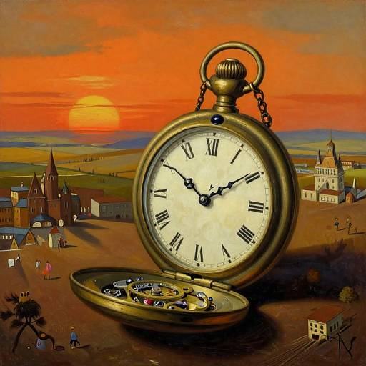 Whimsical painting of a giant, open brass pocket watch with Roman numerals, displaying sunset over a quaint, miniature town with Gothic and Romanes