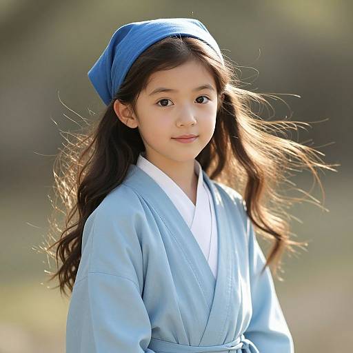 Photograph of an Asian girl with long brown hair, wearing a blue headscarf and light blue traditional kimono, standing outdoors with sunlight illuminating