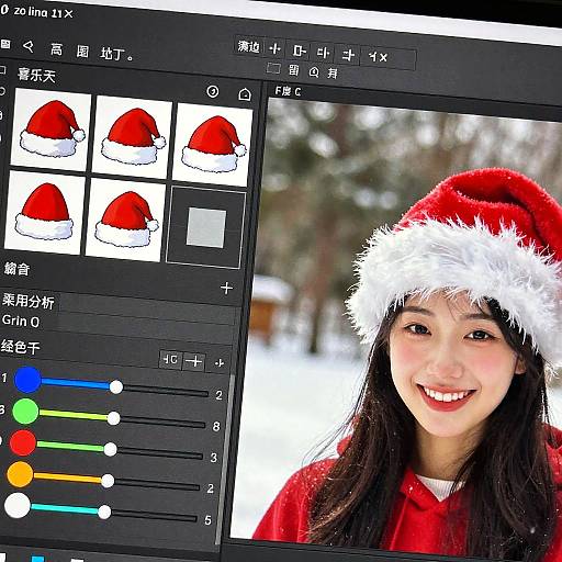 Photograph of an Asian woman with long black hair, smiling, wearing a red Santa hat, in a snowy background. Adobe Photoshop interface with color picker