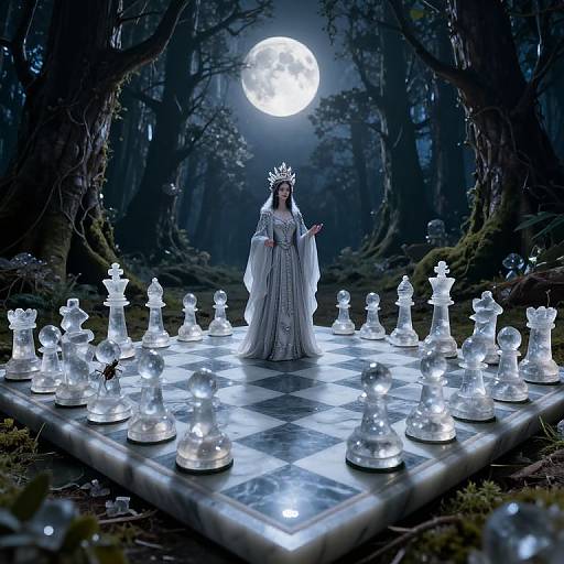 Mysterious queen in white gown with crown, standing in glowing chessboard under full moon, in dark, mystical forest. Photorealistic CGI.