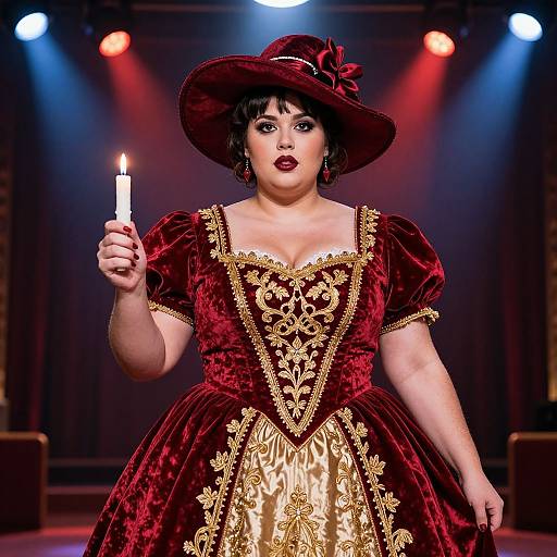 Photograph of a curvy woman in a red and gold Victorian-style dress, holding a lit candle, wearing a large hat, under dramatic stage lights