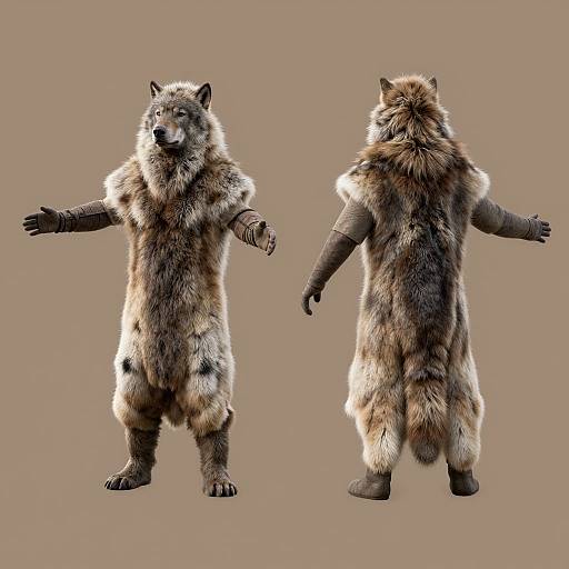 CGI digital rendering of a realistic anthropomorphic wolf standing front and back, brown fur, dark paws, neutral brown background.