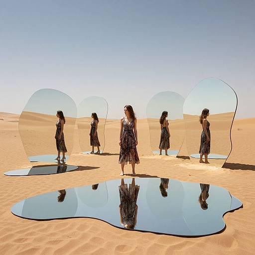 Photograph of five women in black dresses, standing in a desert with clear, reflective puddles and transparent, wavy frames in a bright, sunny