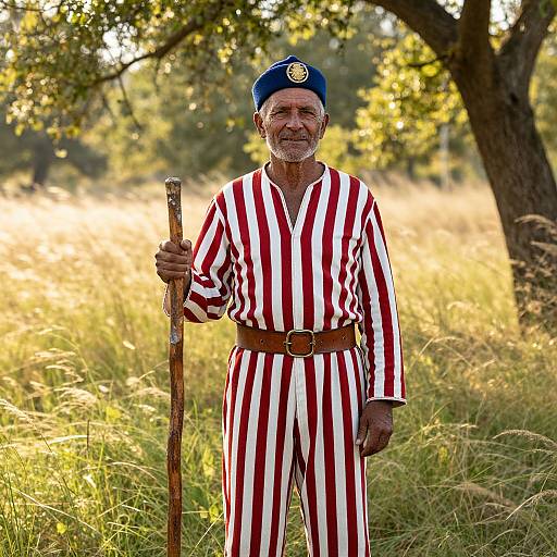 Photograph of an elderly Black man with a gray beard, wearing a blue cap, red and white striped jumpsuit, brown belt, and holding a
