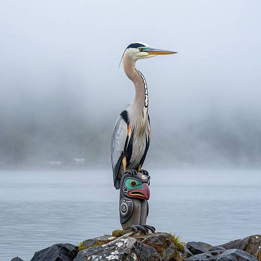 Photograph of a majestic heron with black, white, and gray feathers standing on a rocky shore, misty background, water, and fog.