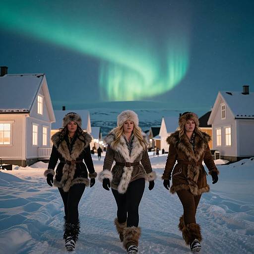 Photograph of three women in fur-lined winter coats walking in a snowy village under the Northern Lights, with illuminated houses in the background.