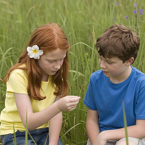 Children Exploring Nature in Grass Field