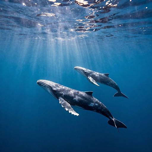 Photograph of two large, sleek humpback whales swimming beneath sunlight beams in deep blue ocean water, creating a tranquil, underwater scene.