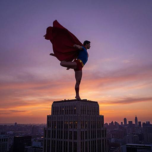Photograph of a Superman statue in silhouette, standing on a skyscraper at sunset, with a vibrant purple and orange sky.