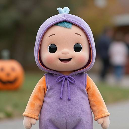 Photograph of a cheerful, plush doll with blue hair, wearing a purple hooded onesie over an orange shirt, standing outdoors with a blurred pumpkin
