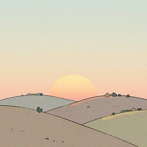 Hand-Drawn Retro Sunrise Over Hills