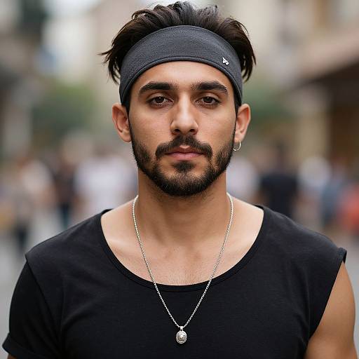 Photograph of a bearded man with dark hair, wearing a black headband, black sleeveless shirt, and silver necklace, standing in a blurred