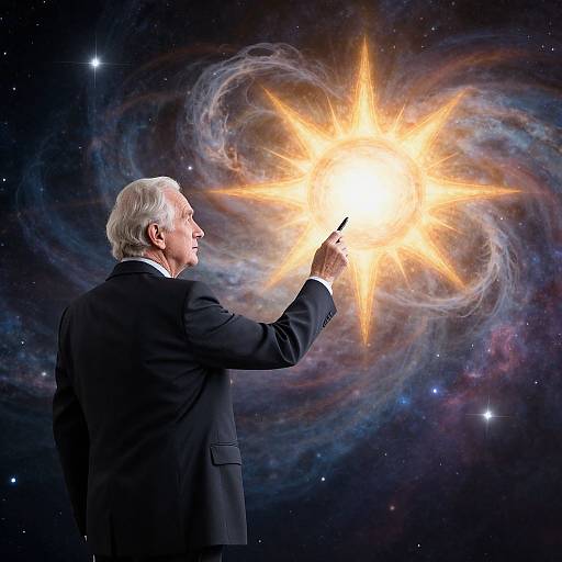Photograph of an elderly man in a black suit, holding a wand, creating a bright, starburst-like cosmic explosion against a galaxy backdrop.