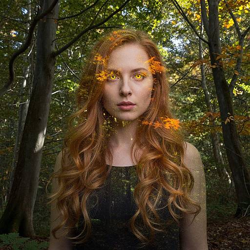 Photograph of a red-haired woman with glowing yellow eyes, standing in a forest with orange leaves, wearing a black top.