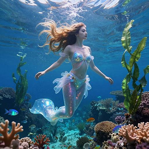 Photograph of a shimmering mermaid with long red hair, wearing a sparkling silver bikini top and translucent ruffled skirt, swimming underwater amidst colorful coral