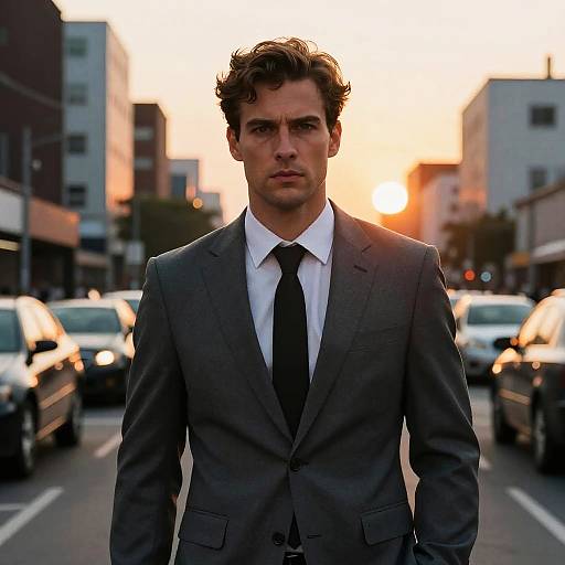 Photograph of a serious, handsome man with curly brown hair, wearing a gray suit, white shirt, and black tie, standing on a busy urban