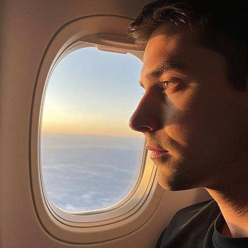 Photograph of a man with short dark hair, illuminated by sunset light through an airplane window, gazing outside.