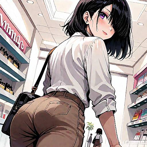 Anime-style digital drawing of a black-haired girl in a white shirt and brown pants, looking over her shoulder in a brightly lit store. Shelves and