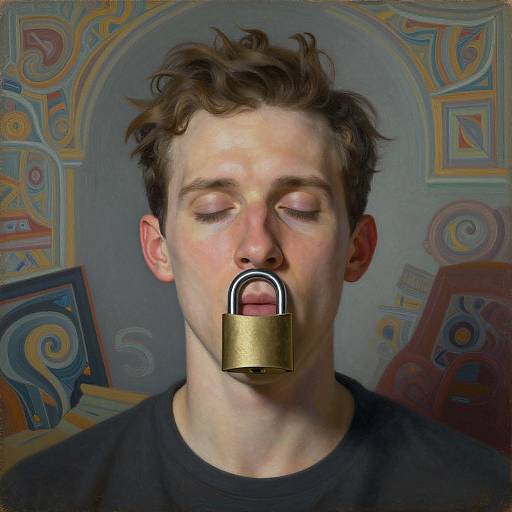 Surreal Man with Padlock Mouth