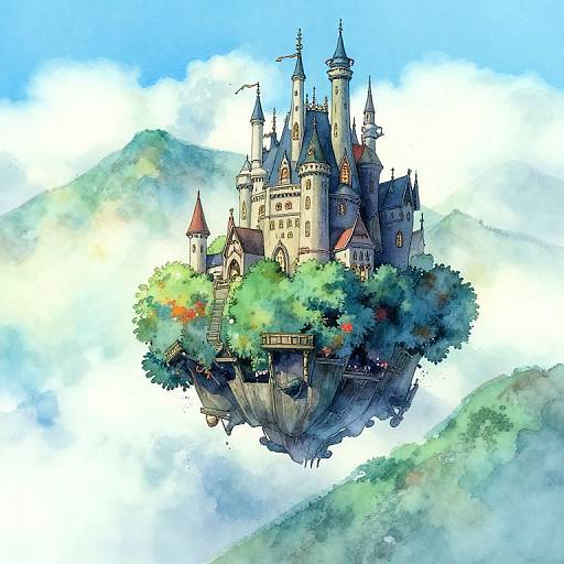 Digital watercolor of a floating, fairy-tale castle with multiple spires and turrets, surrounded by lush greenery, set against a bright blue