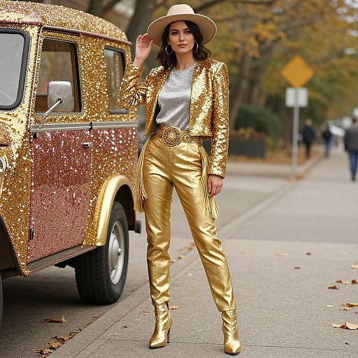 Photograph of a woman in a gold sequin jacket, silver top, gold pants, and boots, standing by a glittery gold car, wearing