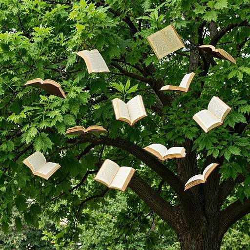 Photograph of a lush green tree with numerous open books floating magically among its leaves, creating a whimsical, surreal scene.