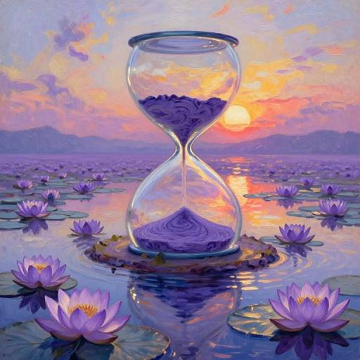 Digital painting of a glass hourglass filled with purple flowers, set on a reflective water surface with blooming lotus flowers, during a vibrant sunset with
