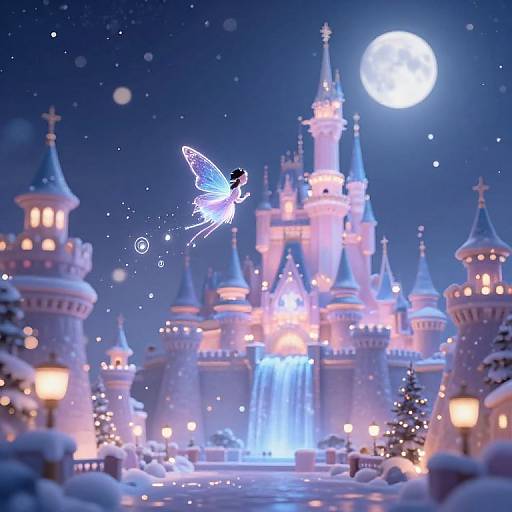 Digital illustration of a glowing blue fairy with delicate wings flying above a magical, illuminated castle under a bright full moon.