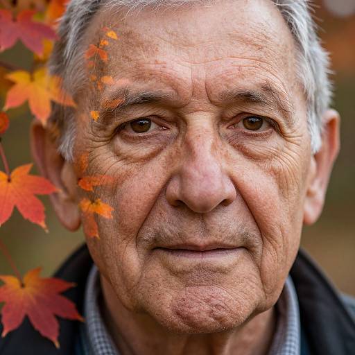 Close-up photograph of an elderly man with wrinkled skin, gray hair, and brown eyes, surrounded by vibrant autumn leaves, wearing a dark jacket and