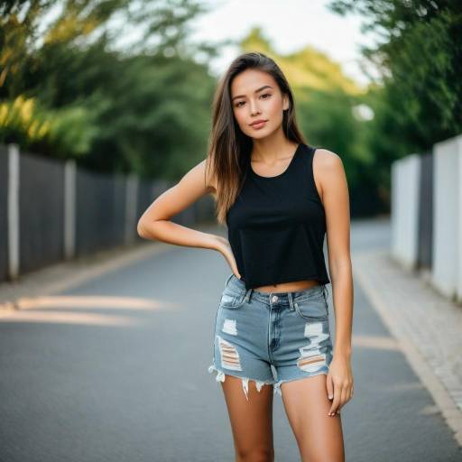 Young woman in black tank top and ripped shorts
