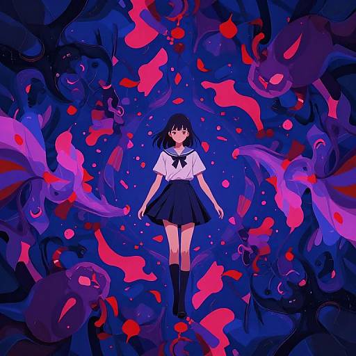Digital anime artwork of a black-haired girl in a white shirt and black skirt surrounded by dark, swirling, ghostly creatures with red and pink accents.