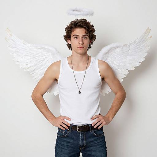 Photograph of a young man with curly brown hair, white tank top, blue jeans, and white angel wings, standing confidently with hands on hips.