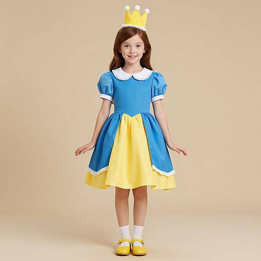Photograph of a young girl wearing a blue and yellow princess dress with white trim, yellow shoes, white socks, and a yellow crown, standing against