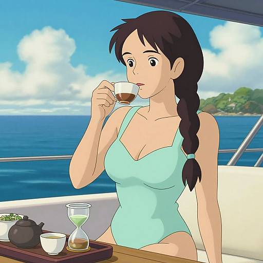 Digital anime-style drawing of a woman with long black hair in a braid, wearing a light blue tankini, sipping tea on a boat,